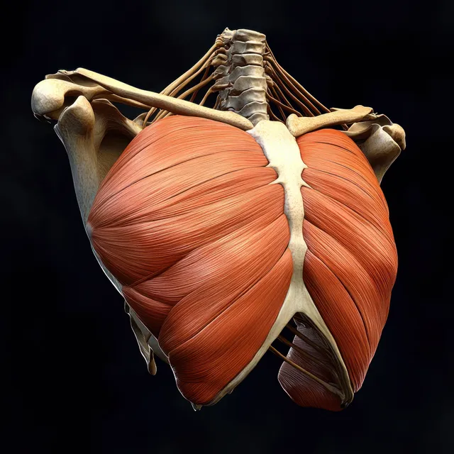 Red pectoral muscles are highlighted on an anterior skeletal torso against a dark background.