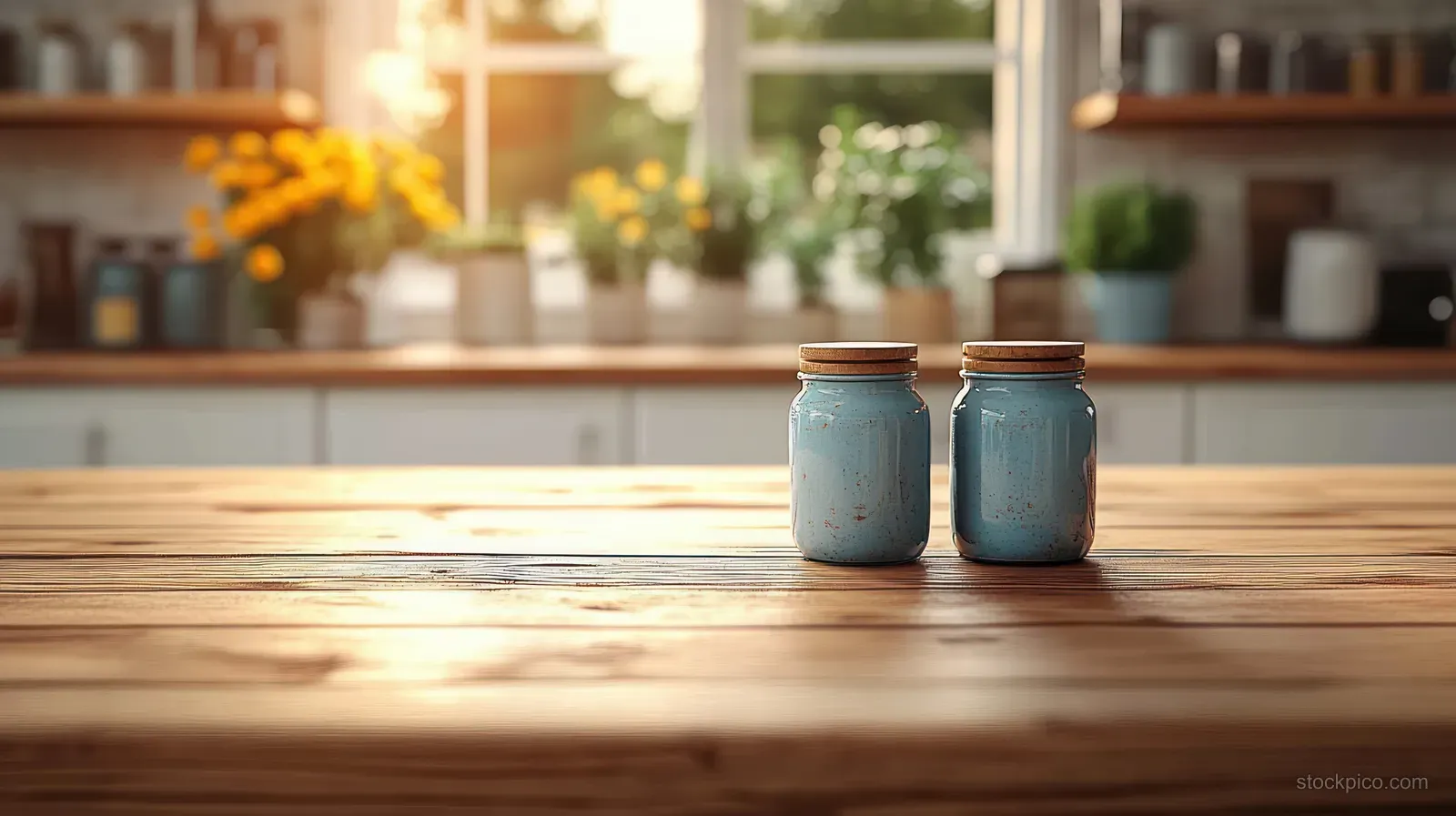 Two blue jars on a rustic wooden kitchen table with warm natural light and a blurred background.