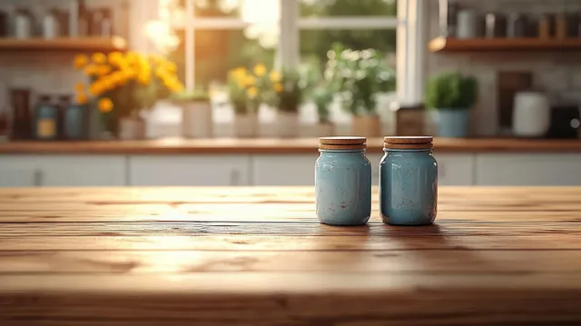 Two blue jars on a rustic wooden kitchen table with warm natural light and a blurred background.
