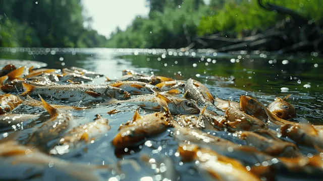 Sunlit polluted river water with dead fish and floating debris near green vegetation along the bank.