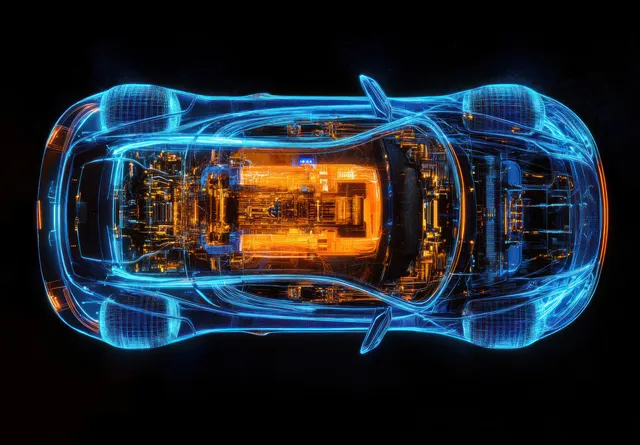 Cyberpunk car cutaway top view with glowing blue circuitry and orange engine details