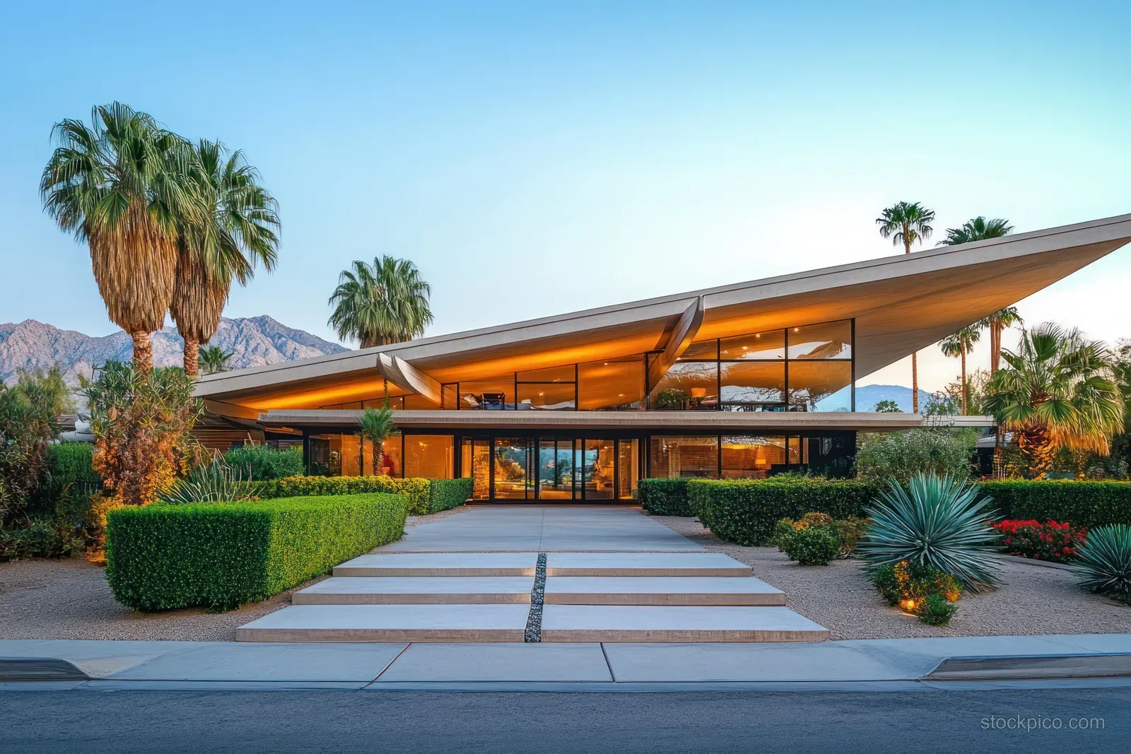 Modern desert house exterior with angled roof, glass windows, palm trees, and trimmed desert landscaping leading to the entrance.