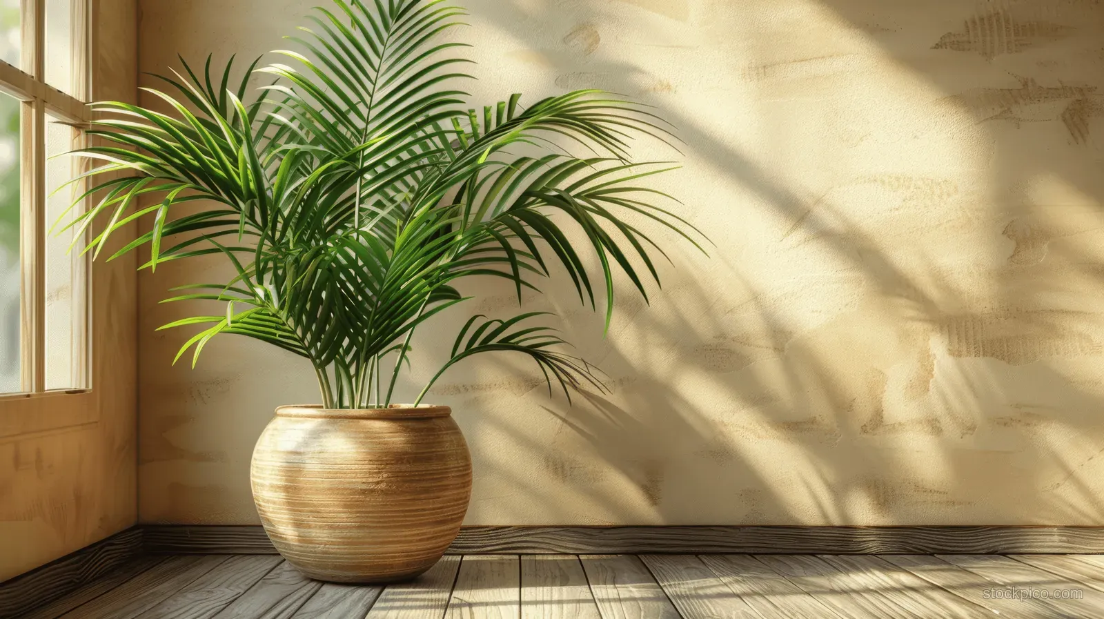 Light brown wooden table against a beige wall with a palm leaf shadow and a potted plant.