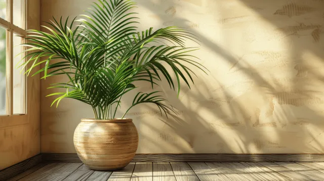 Light wooden table with palm leaf shadow on beige wall, skincare product display scene