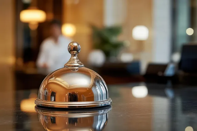A polished hotel reception service bell on a desk with blurred receptionists and lobby lighting behind it.