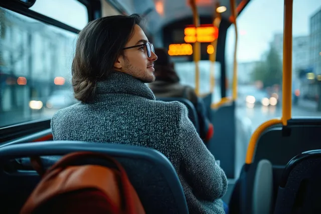A smiling adult commuter enjoys a peaceful moment on a city bus, illuminated by soft natural light with a blurred urban backdrop.