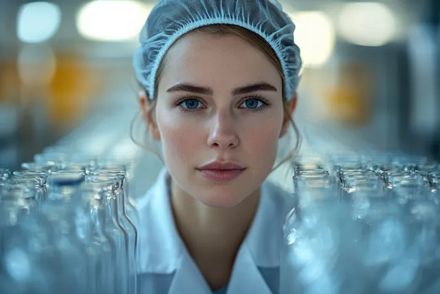 Laboratory worker bottling drinks in sterile facility, hairnet and lab coat beside glass bottles