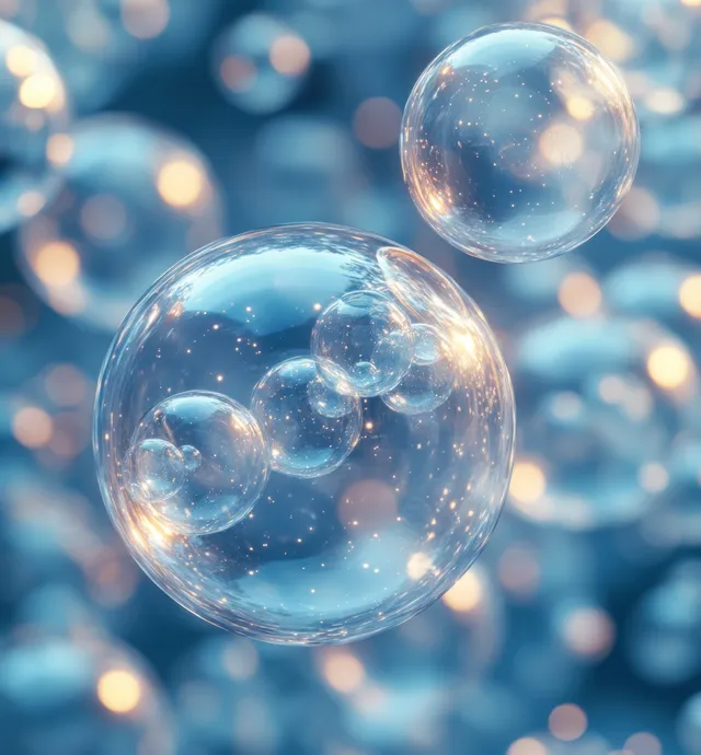 Translucent spherical droplets float in front of a soft blue bokeh background with glowing highlights.