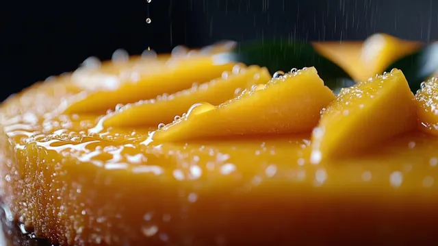 Close-up of mango slices with water droplets on the surface and droplets falling above.