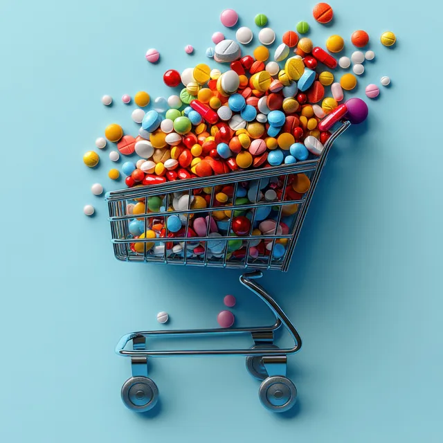 Top view of a shopping cart filled with colorful pills on a light blue background.