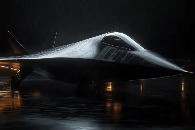 A dark stealth fighter jet stands on wet tarmac at night with rain reflections from its landing lights.