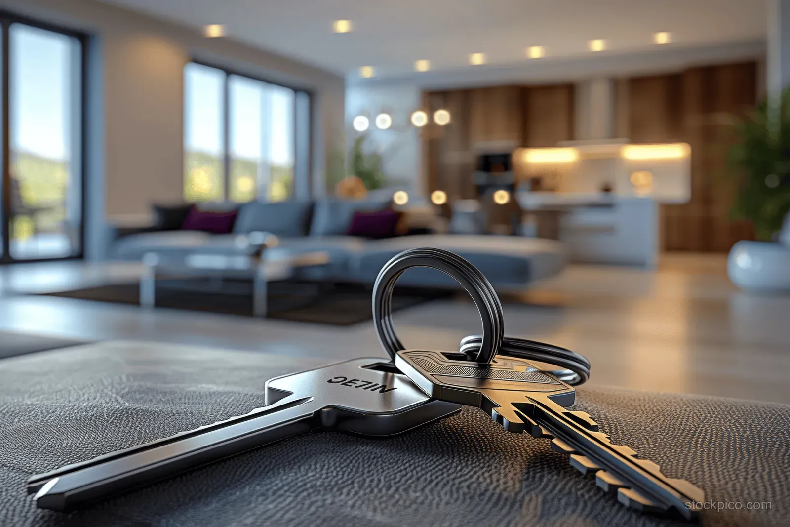 Apartment keys rest on a sofa cushion in a bright modern living room with windows and a kitchen view.
