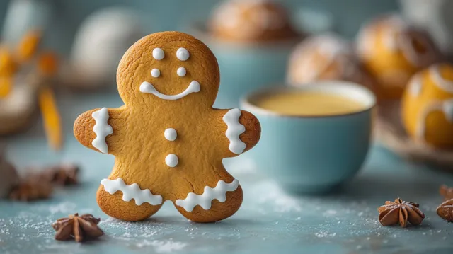 A smiling 3D gingerbread cookie stands on snowy crumbs with star spices and a blurred blue bowl in back.