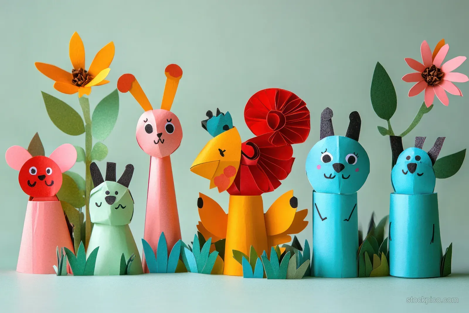 Colorful paper rabbit, chicken, and egg crafts with grass and flower cutouts arranged on a shelf.