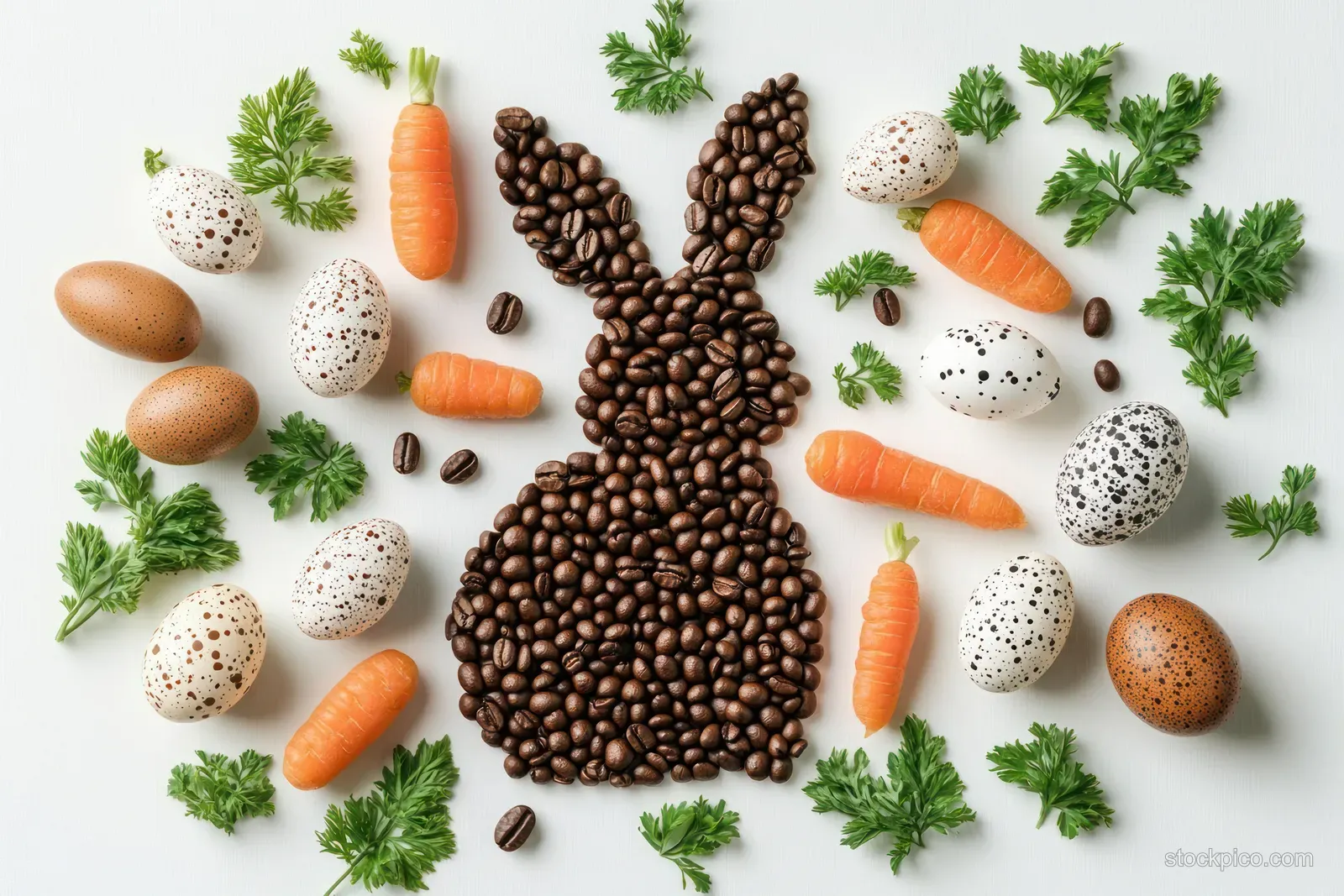 Coffee beans shaped into a bunny surrounded by carrots, speckled eggs, and green herbs on a white background.