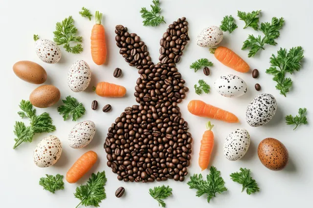 Coffee beans shaped into a bunny surrounded by carrots, speckled eggs, and green herbs on a white background.