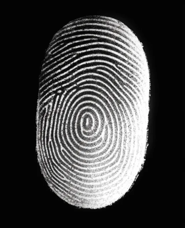 Black and white fingerprint close-up with looping ridges on a dark background