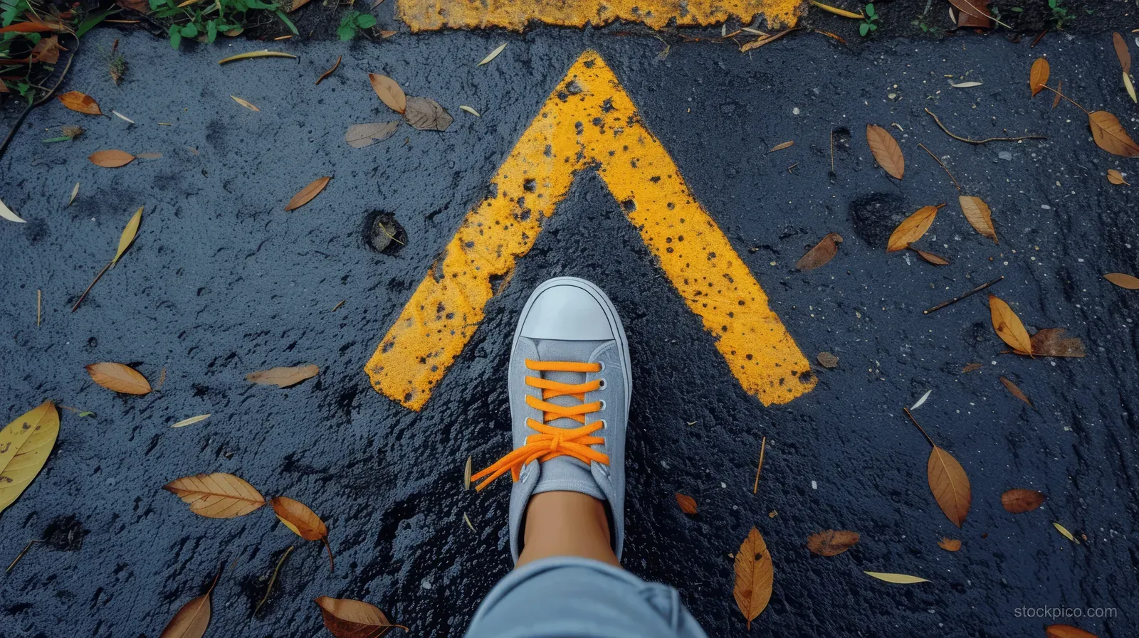 A person’s shoes step forward on a yellow arrow painted on wet asphalt surrounded by fallen leaves.