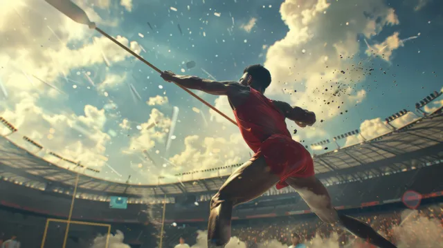 A javelin thrower releases the spear mid-air in a stadium filled with cheering spectators.