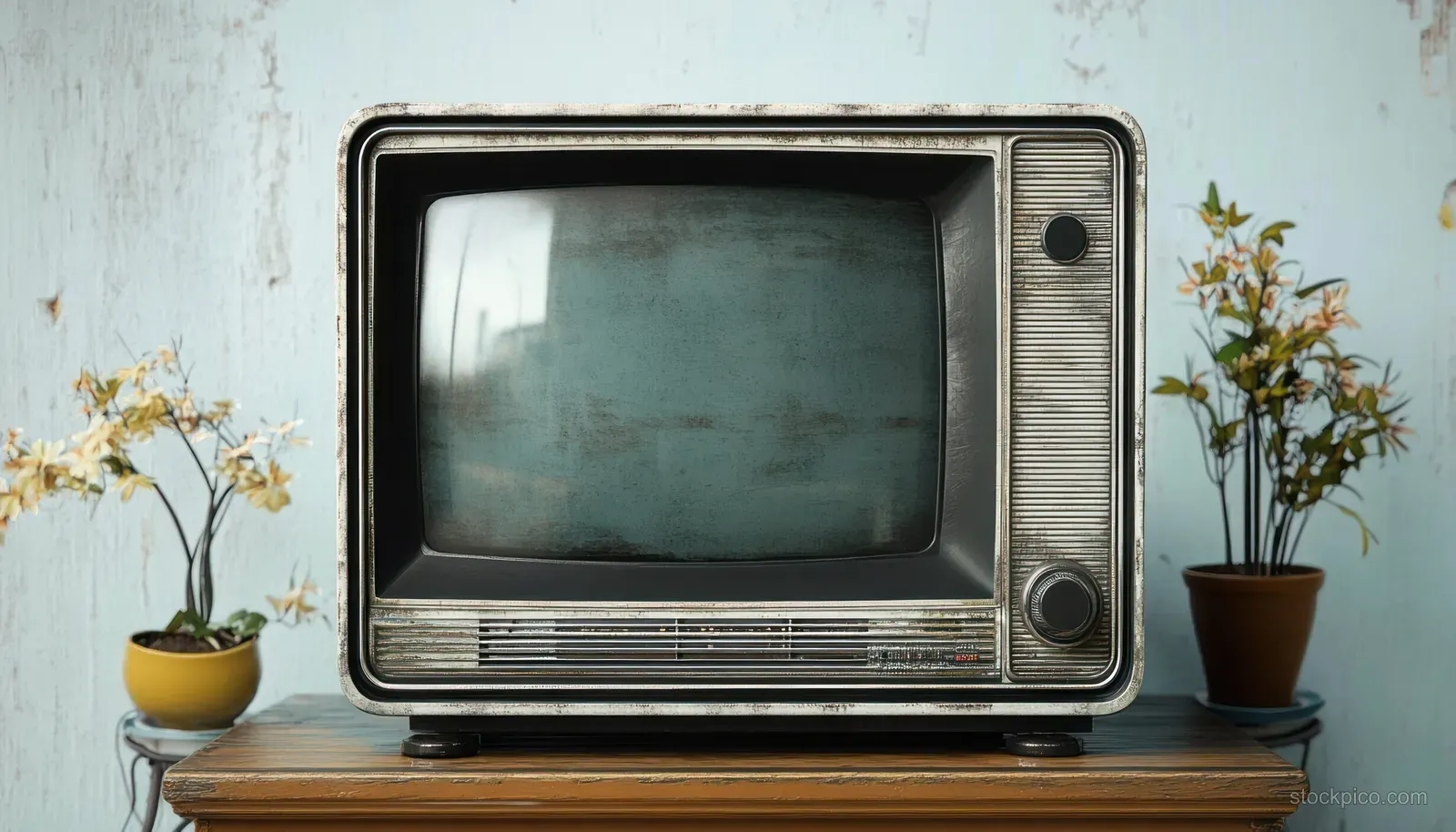 Vintage CRT television with blank screen on a wooden table between two small potted plants.
