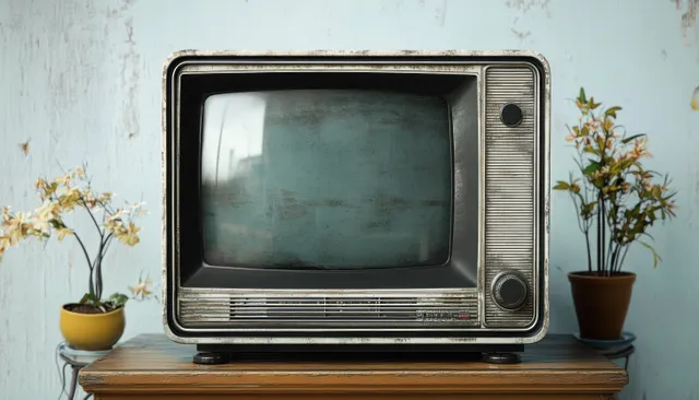 Vintage CRT television with blank screen on a wooden table between two small potted plants.
