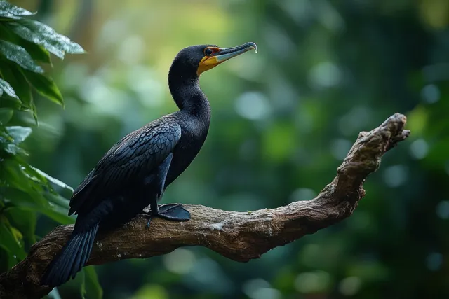 Black cormorant perched on a textured branch in a leafy forest with soft natural light and green bokeh.