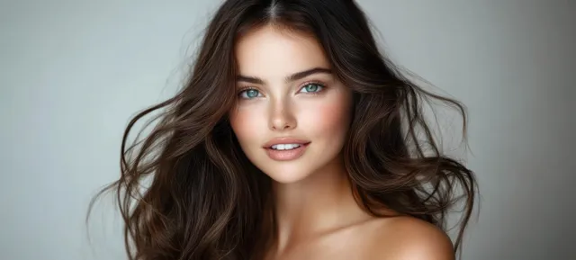 Brunette woman posing in soft studio light with glossy hair and bare shoulders