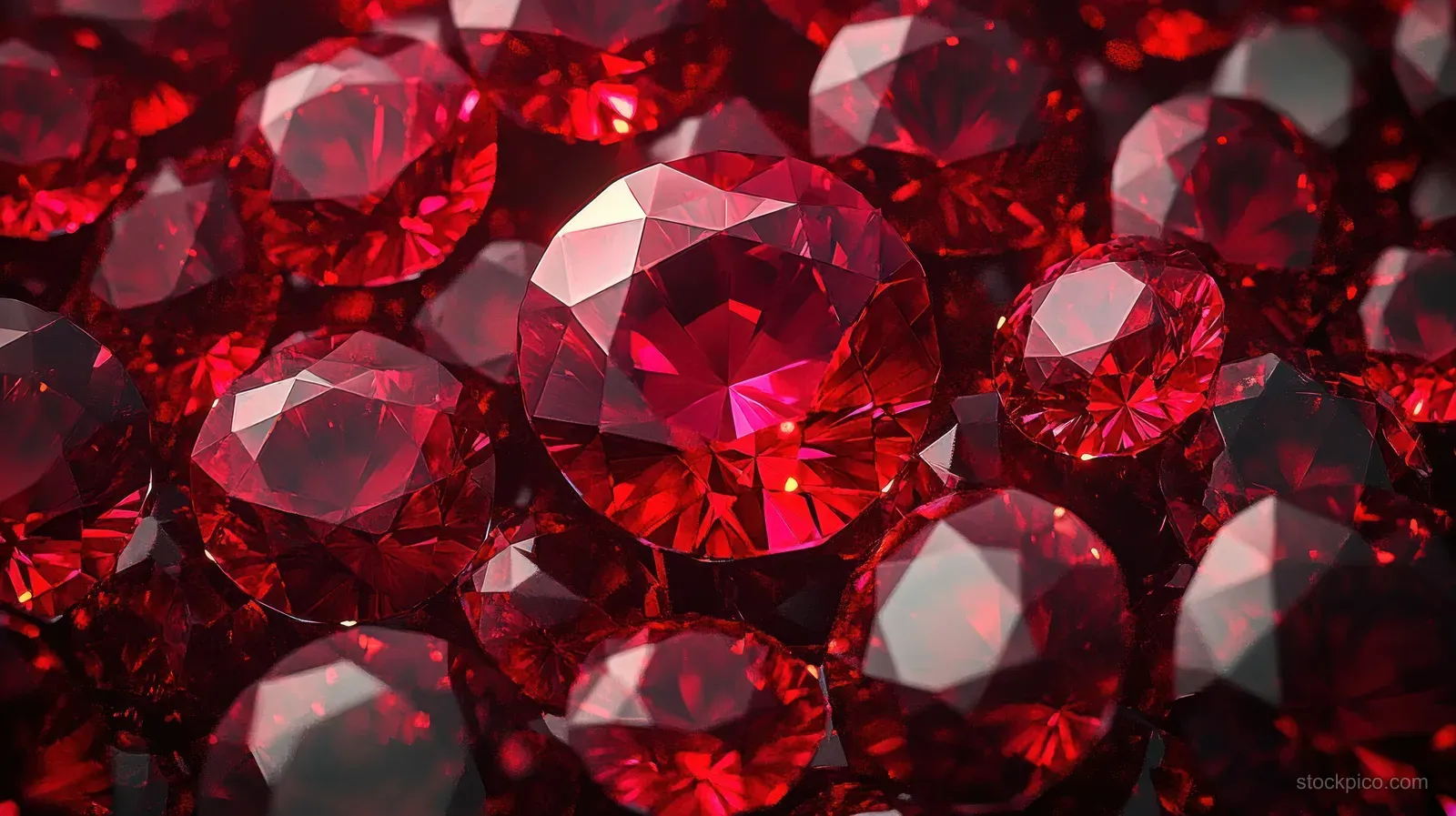 Close-up of faceted red gemstones sparkling with bright reflections across a dense jeweled surface.