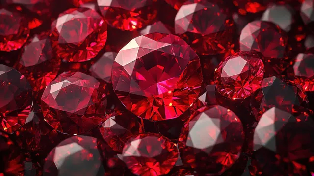 Close-up of faceted red gemstones sparkling with bright reflections across a dense jeweled surface.