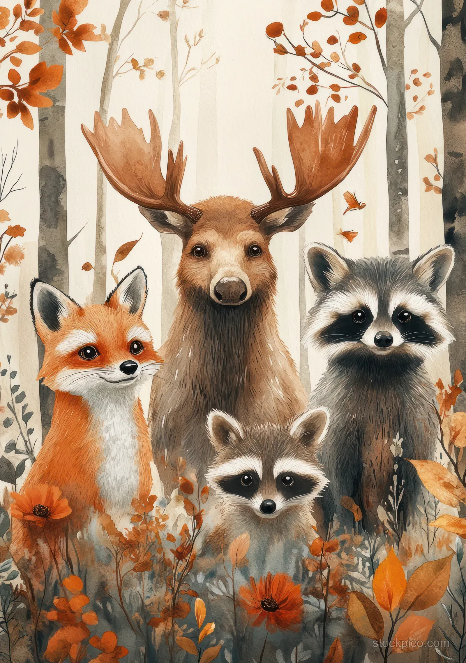 Watercolor woodland animals, including a deer, fox, raccoon, and lynx, stand among autumn leaves and trees.