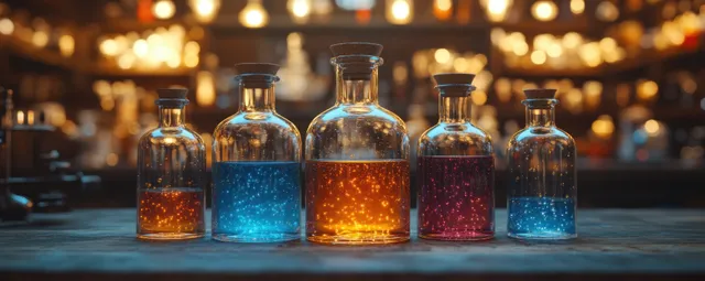 Vintage alchemist laboratory bottles with swirling colored liquids on an antique wooden desk