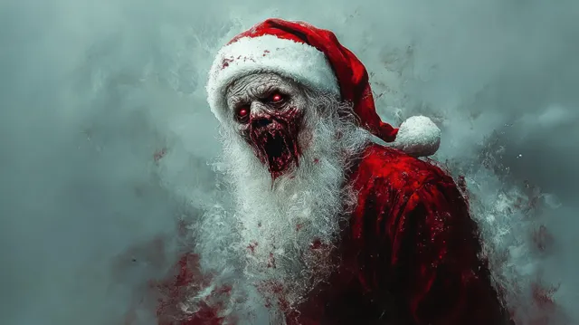 A zombie Santa Claus with glowing red eyes emerges from mist in a red suit.