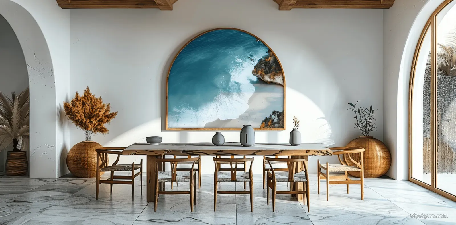 Bright coastal dining room with wooden table and chairs, white walls, and an arched sea painting above a buffet.
