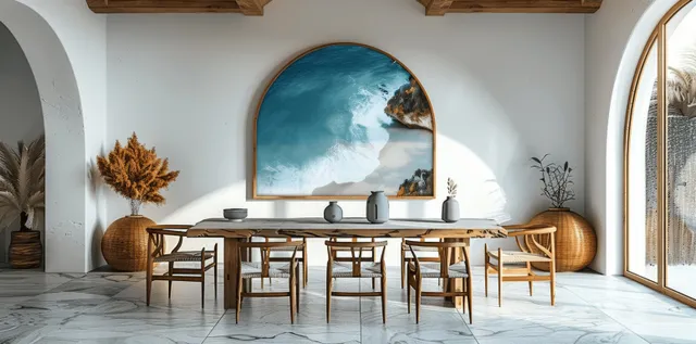Bright coastal dining room with wooden table and chairs, white walls, and an arched sea painting above a buffet.