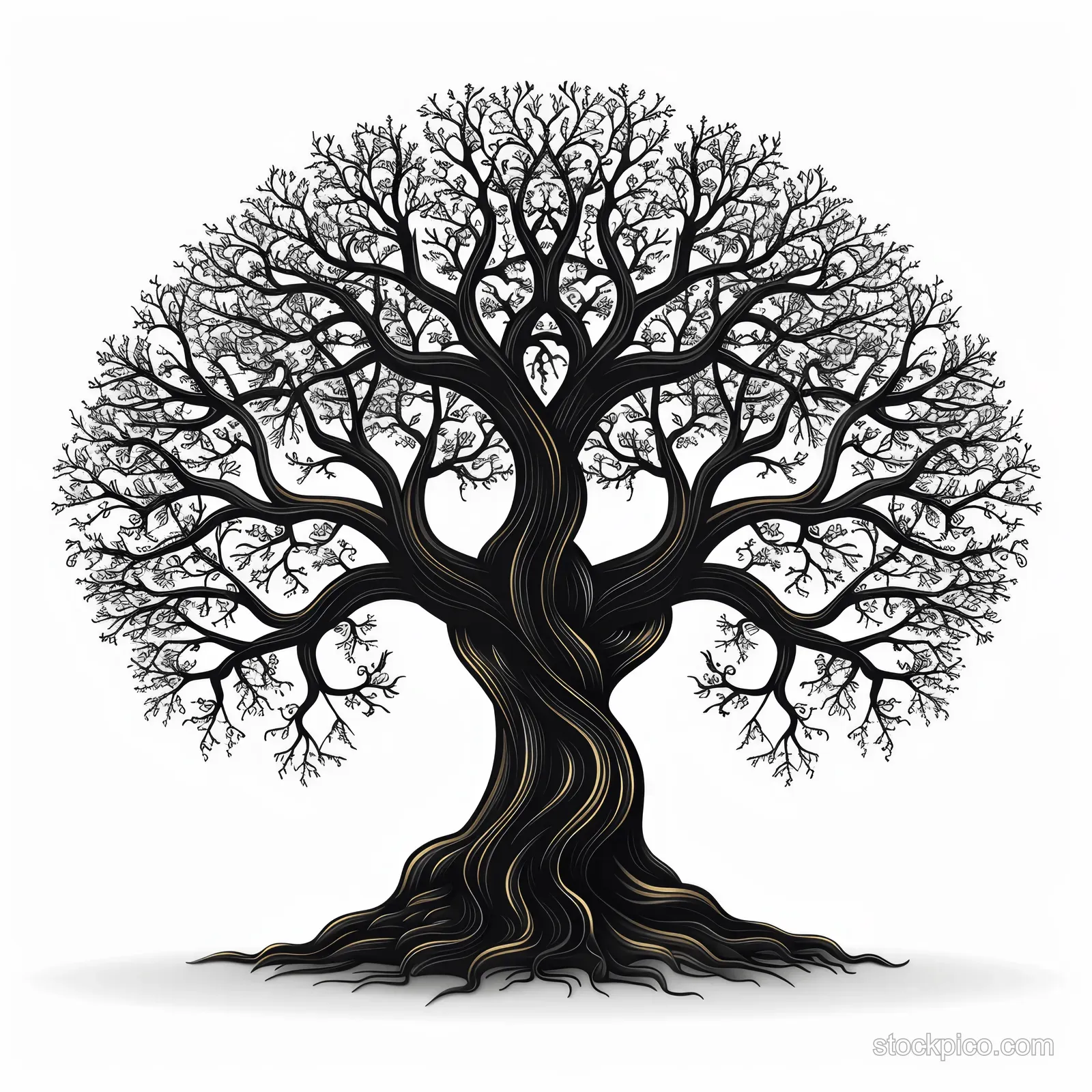 Stylized black tree with symmetrical branches and flowing roots centered on a plain white background.