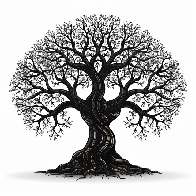Stylized black tree with symmetrical branches and flowing roots centered on a plain white background.