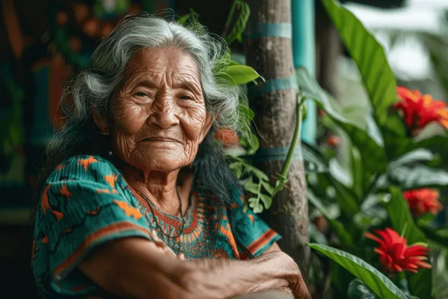 Elderly Amazonian woman smiling outdoors in a community garden surrounded by native plants and lush leaves.