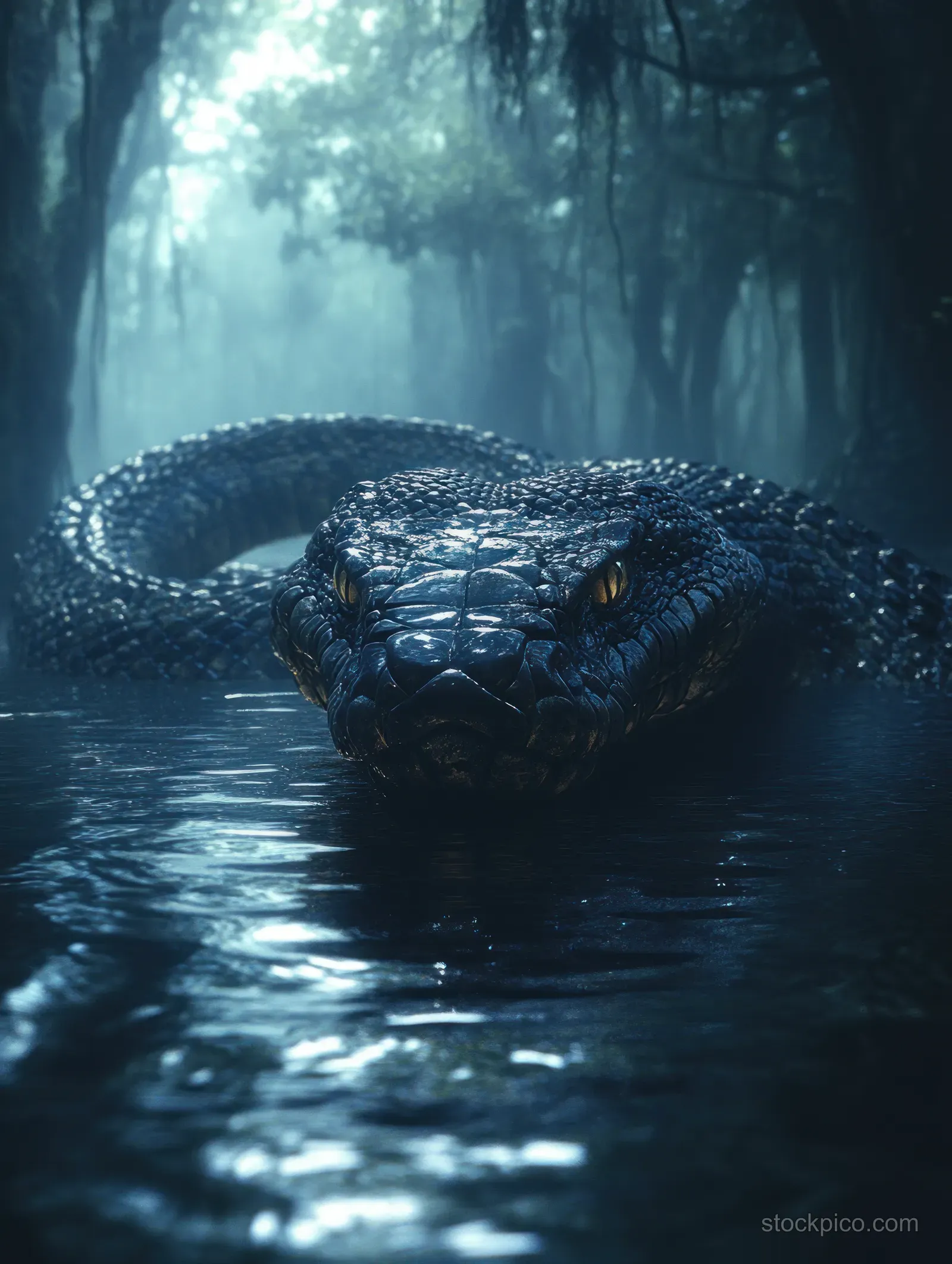 A dark multi-headed hydra emerges from misty swamp water beneath shadowy forest trees.