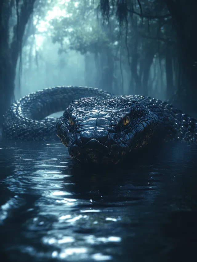 A dark multi-headed hydra emerges from misty swamp water beneath shadowy forest trees.