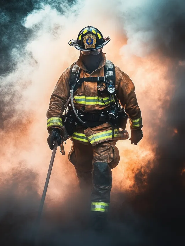 Firefighter marches forward through thick smoke wearing full protective gear and helmet