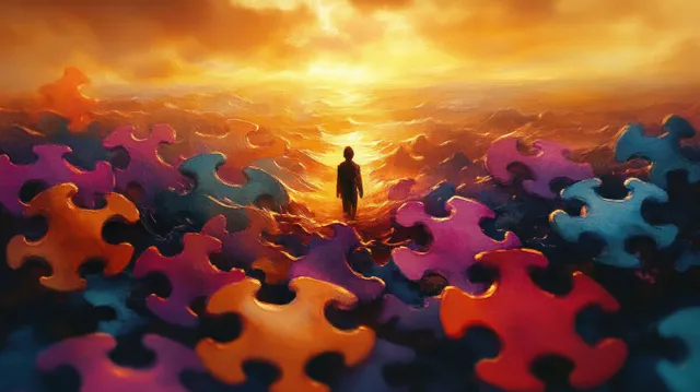 Silhouette figure walking toward a glowing horizon among giant puzzle pieces at sunset