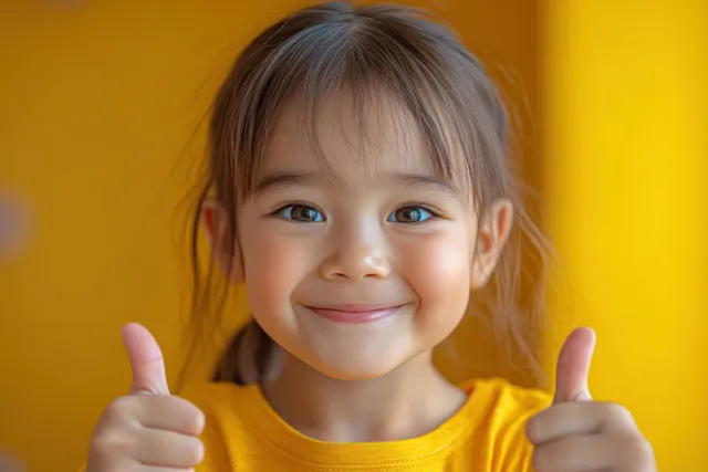 Happy toddler giving two thumbs up in a yellow shirt against vivid yellow background