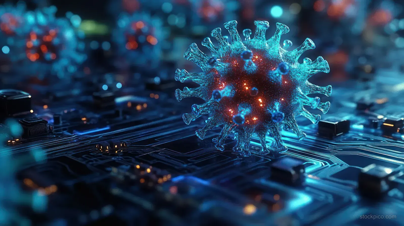 Glowing virus-like cluster over a dark circuit board with blue and red light tracing digital pathways.