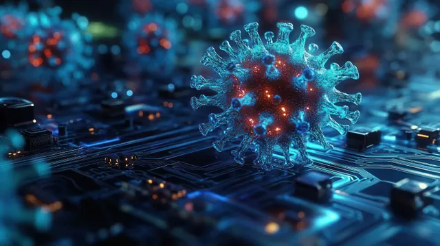 Glowing virus-like cluster over a dark circuit board with blue and red light tracing digital pathways.