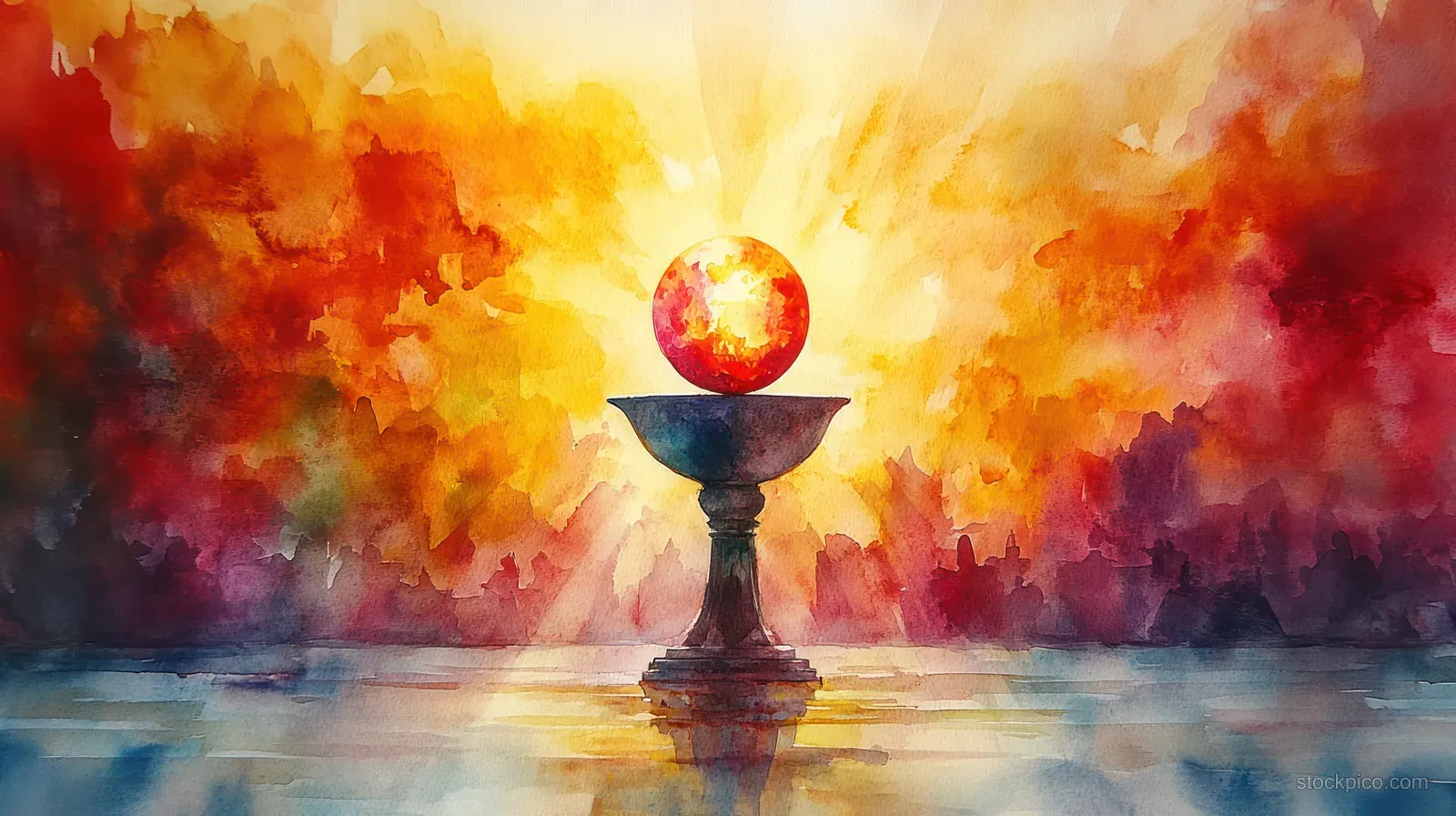 A painterly chalice centered with a glowing orb, emitting light over a misty reflective surface and colorful blurred backdrop.