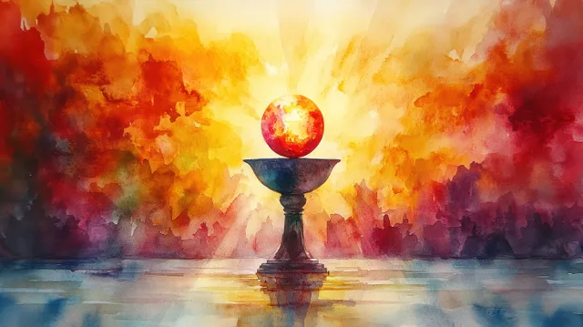 A painterly chalice centered with a glowing orb, emitting light over a misty reflective surface and colorful blurred backdrop.