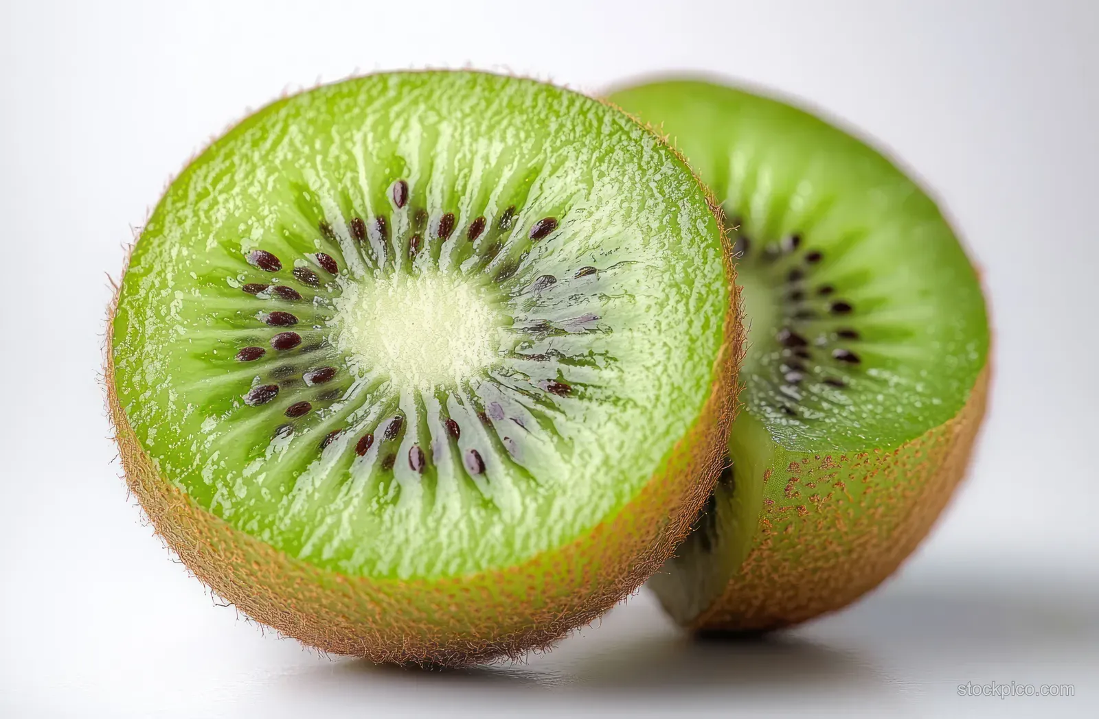 Close-up of two green kiwi halves with visible seeds and fuzzy skin on a white background.