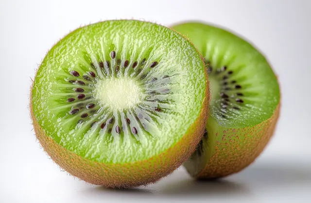 Close-up of two green kiwi halves with visible seeds and fuzzy skin on a white background.