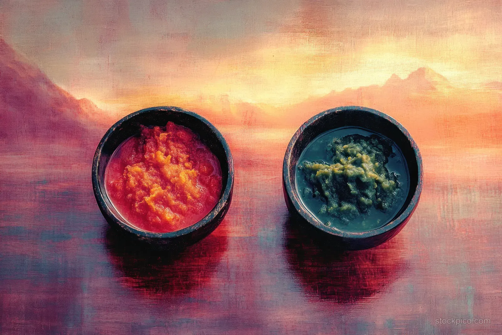 Two Indonesian sambal chili sauce bowls with vibrant red and green sauces on a dark table under soft light.