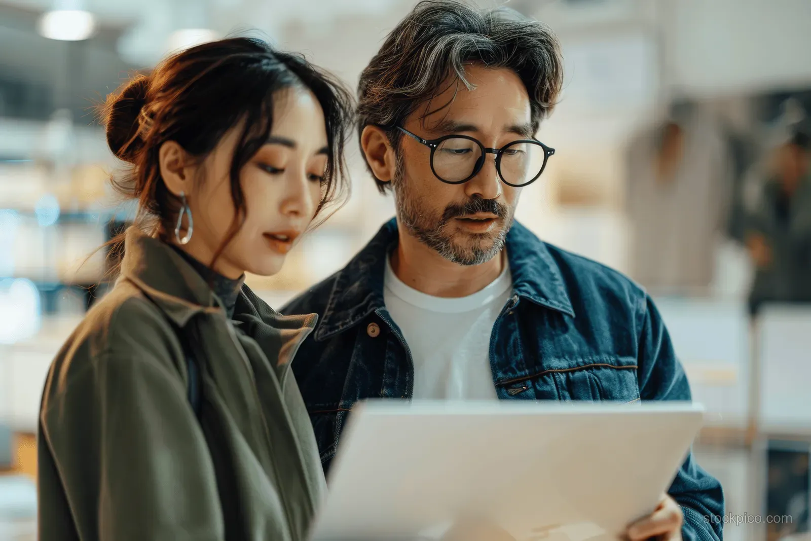A woman and a man discuss a digital design project while looking at laptop screens in an office.